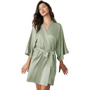 Silk Robe Satin Kimono Robe with Oblique V-Neck Short Bridal for Women S-XL